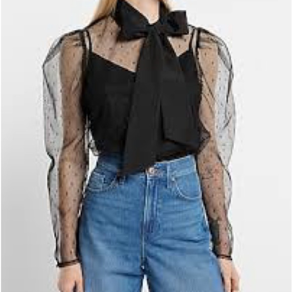 Express Tulle French dot high neck bow tie blouse top Size L